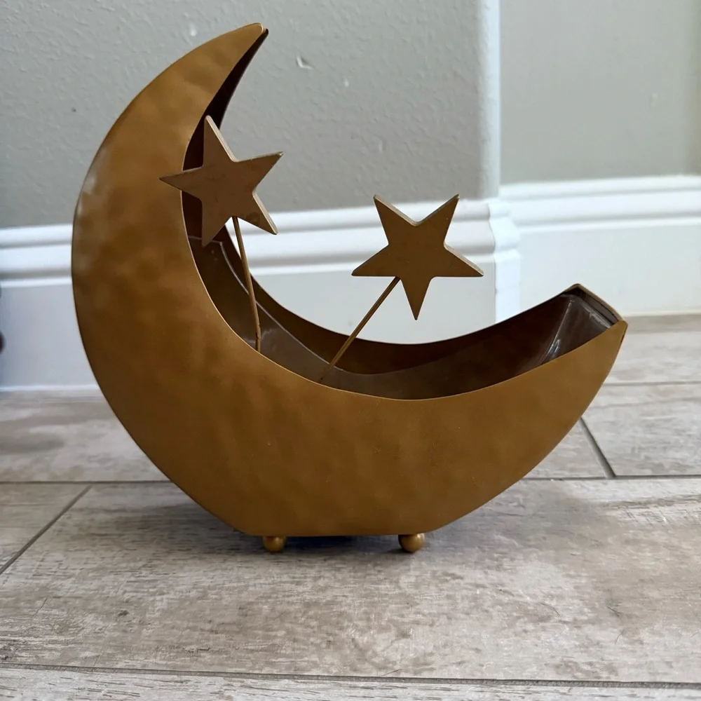 Gold Tone Crescent Moon Decor with Stars planter - Picture 1 of 7